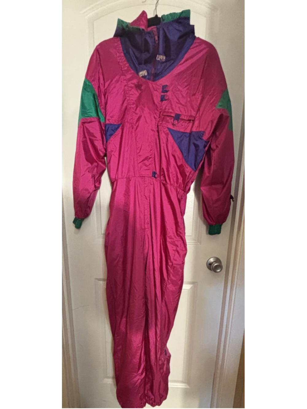 Vintage 80s SERAC Neon Ski Suit Womens 8 Pink Purple One Piece Snowsuit